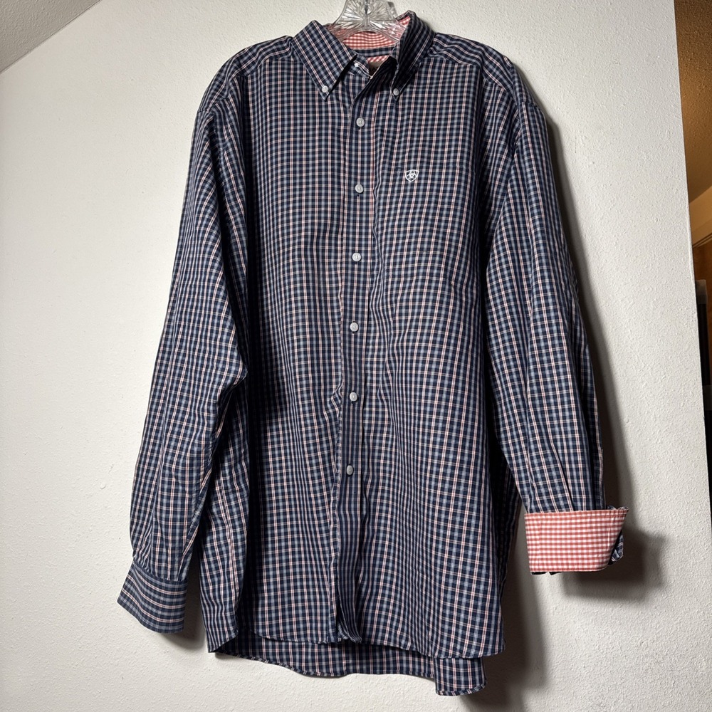 Ariat Wrinkle Free Men's XL Plaid Long Sleeve Button Down Shirt 100% Cotton